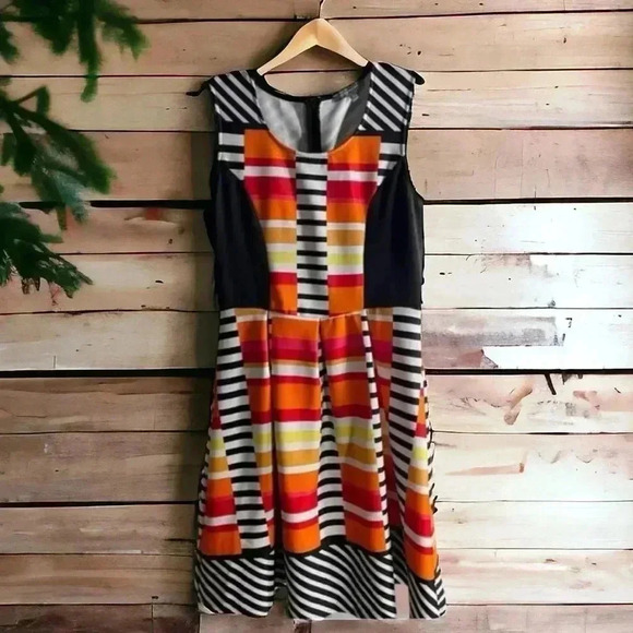 NY Collection Size Medium Orange/Black Patterned Flared Summer Sleeveles Dress - Picture 4 of 4